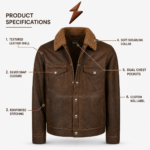 Men’s Brown Leather Jacket with flap chest pockets and silver snap buttons