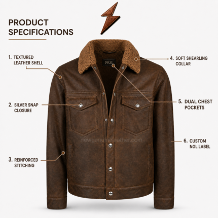 Men’s Brown Leather Jacket with flap chest pockets and silver snap buttons