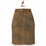 Distressed leather brown lederhosen skirt with dual side pockets and embroidered upper front panel