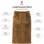 Brown lederhosen skirt with distressed leather finish, embroidered front panels and NGL logo by newgenuineleather.com