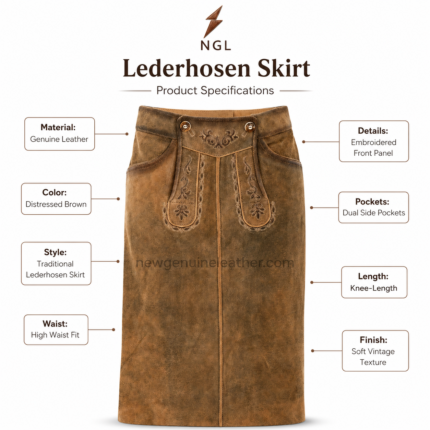 Brown lederhosen skirt with distressed leather finish, embroidered front panels and NGL logo by newgenuineleather.com