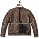 Brown quilted leather jacket with diamond shoulder panels, zipper pockets, black lining and NGL logo