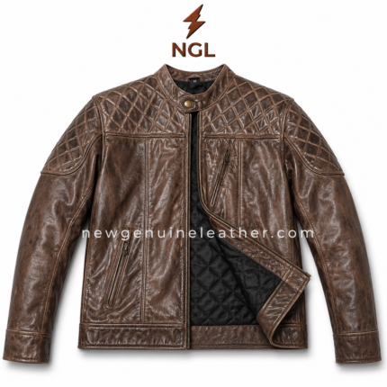 Brown quilted leather jacket with diamond shoulder panels, zipper pockets, black lining and NGL logo