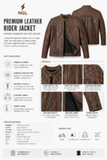 Brown quilted leather jacket front view with snap-tab collar and angled chest pocket