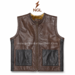Shearling leather vest in dark brown with black patch pockets and NGL logo