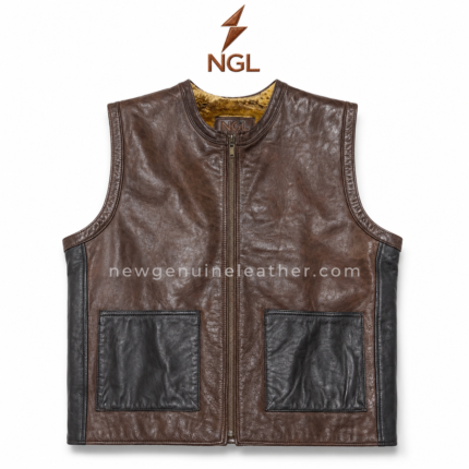 Shearling leather vest in dark brown with black patch pockets and NGL logo