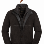 Men’s Suede Jacket in dark brown with NGL collar label and layered button closure