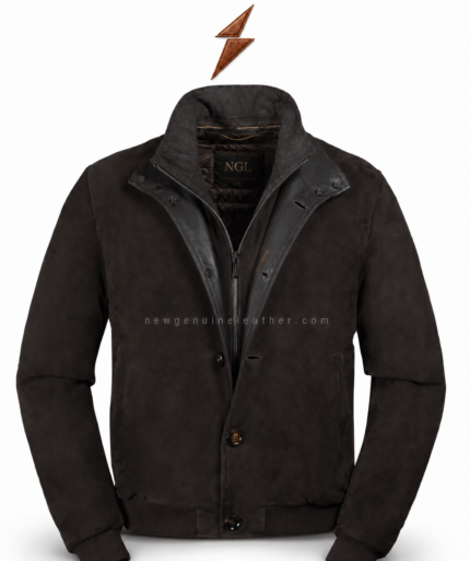 Men’s Suede Jacket in dark brown with NGL collar label and layered button closure
