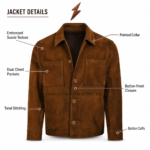 Men’s Suede Jacket with open upper buttons, dark inner facing, and tonal stitching