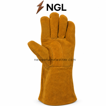 Brown welding gloves in golden split suede with long cuffs and NGL branding by newgenuineleather.com