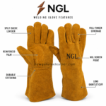 Brown welding gloves with black NGL screen print on the backhand from newgenuineleather.com