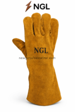 Brown welding gloves with curved reinforced palm panels and durable stitching by newgenuineleather.com
