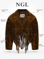 Front view of suede cropped jacket with chest fringe, sleeve fringe, black buttons, and dark lining by newgenuineleather.com