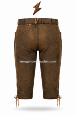 Side view of brown Women Lederhosen showing contrast piping, curved embroidered pocket and fitted below-knee cut by newgenuineleather.com