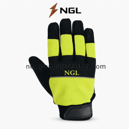 Bulk work gloves in black and neon yellow with full-palm wavy grip texture