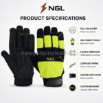 Bulk work gloves with neon finger panels, gray piping and NGL logo