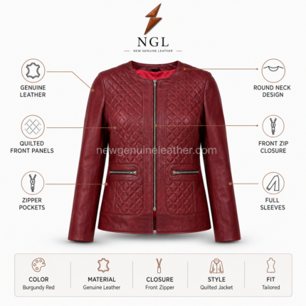 Burgundy leather jacket with quilted front panels and newgenuineleather