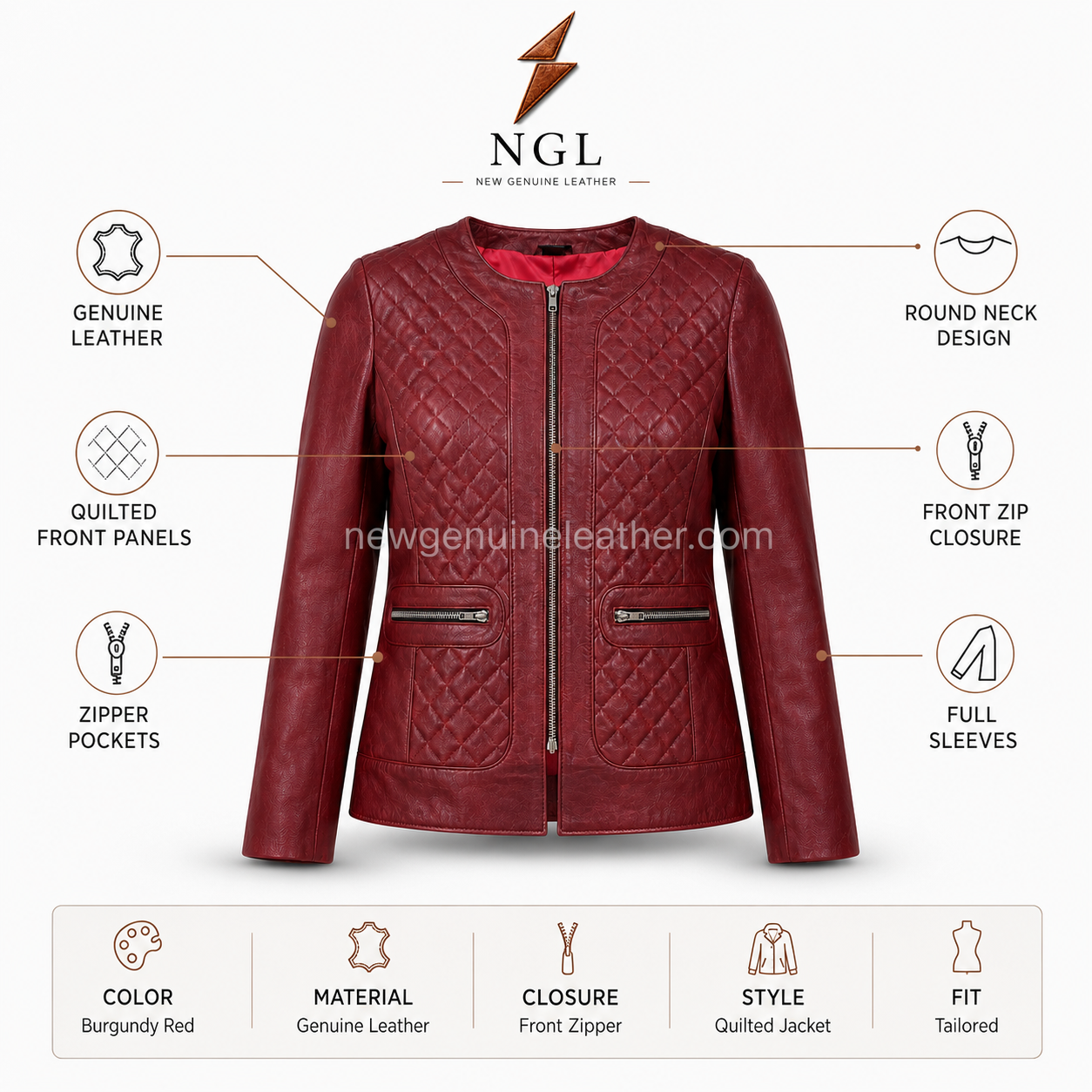 Burgundy Leather Jacket Front View Burgundy leather jacket with quilted front panels and newgenuineleather