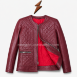 Burgundy leather jacket back pose with clean vertical seams and smooth leather texture