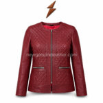 Burgundy leather jacket pocket detail with front zip pocket and quilted stitching