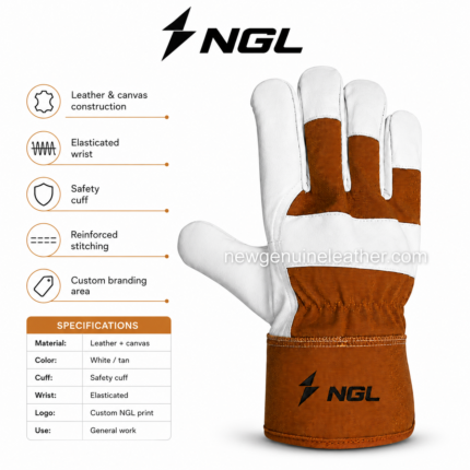 CANADIAN GLOVES with white leather fingertips, tan canvas back, elastic wrist, safety cuff and black NGL logo.