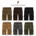 Cargo Lederhosen specification image showing suede texture, button waistband, zipper pockets and reinforced cargo-pocket stitching