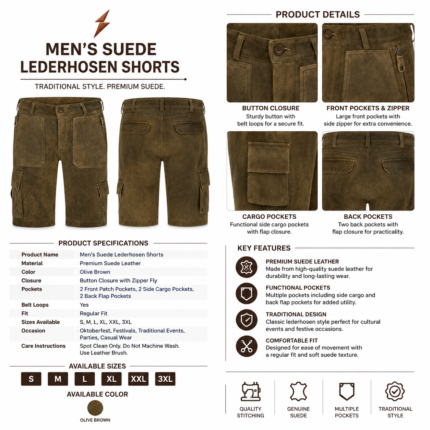 Cargo Lederhosen back view with flap pockets, center seam, thigh cargo pockets and newgenuineleather.com watermark