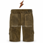 Cargo Lederhosen front view in olive-brown suede with large patch pockets, side zippers and NGL logo by newgenuineleather.com