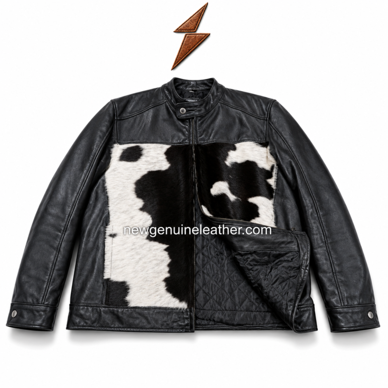 New Genuine Leather Cowhide leather jacket with black sleeves and black white spotted front panel