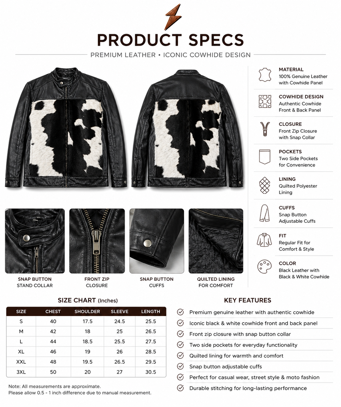 Cowhide Leather Jacket Collar Detail Cowhide leather jacket with quilted lining and open front detail