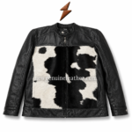Cowhide leather jacket back pose with black white hair-on-hide panel