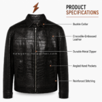 Black crocodile leather jackets rear view showing embossed scale pattern and structured back panels by newgenuineleather.com