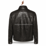 Crocodile leather jackets specification image showing buckle collar, front zipper, zip pockets and textured panels by newgenuineleather.com