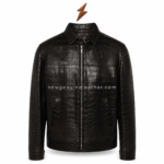 Black crocodile leather jackets close-up with raised scale texture, tonal stitching and metal collar buckle by newgenuineleather.com