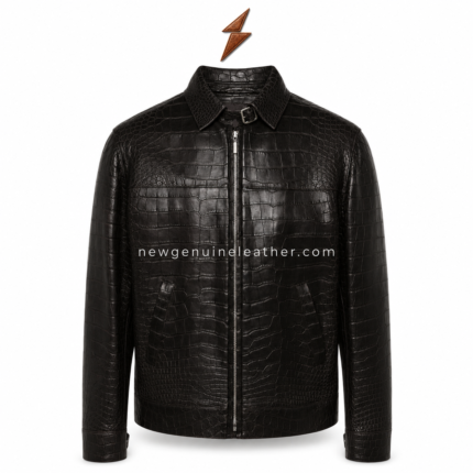 Black crocodile leather jackets close-up with raised scale texture, tonal stitching and metal collar buckle by newgenuineleather.com