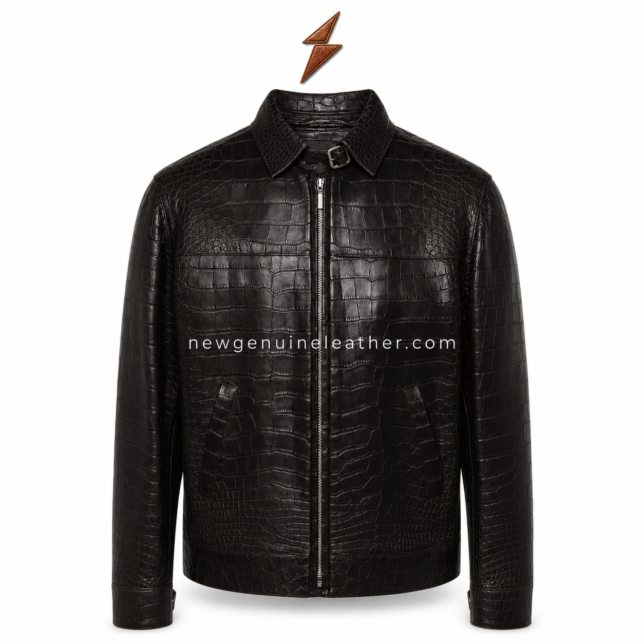 Crocodile Leather Jacket Texture | newgenuineleather.com Black crocodile leather jackets close-up with raised scale texture, tonal stitching and metal collar buckle by newgenuineleather.com