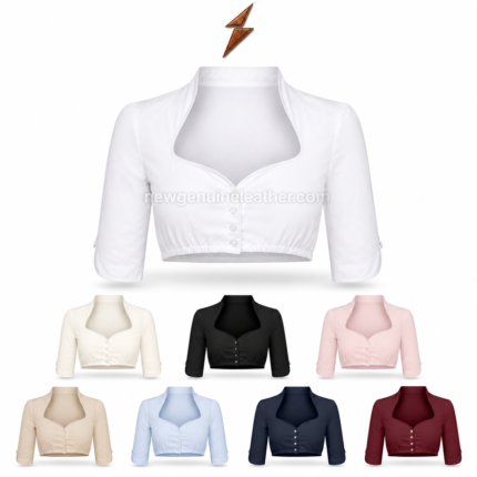 Cropped Dirndl Blouse in white with structured open collar, three-button front and newgenuineleather.com