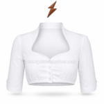 Cropped Dirndl Blouse specifications showing structured collar, sweetheart neckline, three buttons and OEM construction