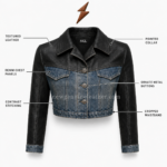 Cropped leather denim jacket with black collar, cuffs and waistband