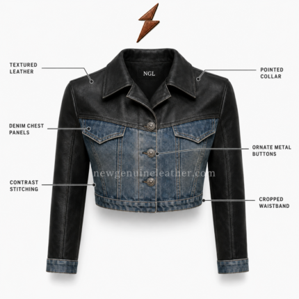 Cropped leather denim jacket with black collar, cuffs and waistband