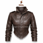 Cropped leather jacket in dark brown with high stand collar, ruched sleeves and NGL logo