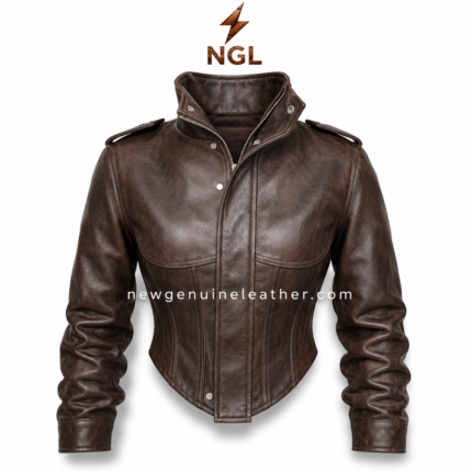 Cropped leather jacket in dark brown with high stand collar, ruched sleeves and NGL logo