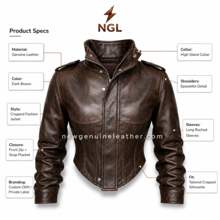 Cropped leather jacket front view with shoulder epaulettes and silver snap buttons