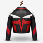 Cropped leather jackets back view with red shoulders and blue, white, and black stitched geometric panels