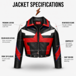 Cropped leather jackets in red, black, white, and blue with angular front panels and NGL logo by newgenuineleather.com