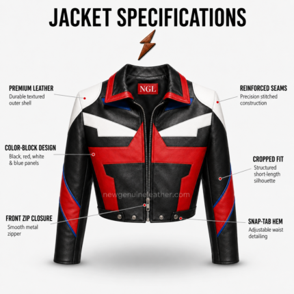 Cropped leather jackets in red, black, white, and blue with angular front panels and NGL logo by newgenuineleather.com