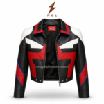 Cropped leather jackets shown open with black inner lining, multicolor outer panels, and NGL neck label