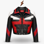 Cropped leather jackets with red and black sleeves, white-blue inserts, stitched seams, and zippered cuffs