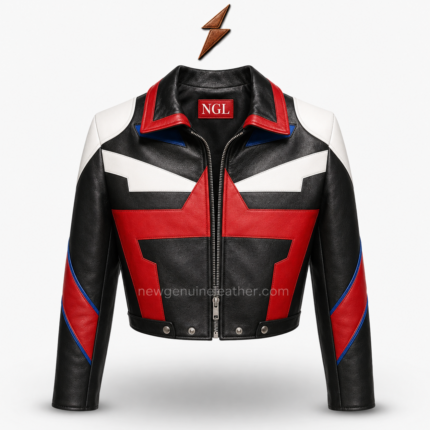 Cropped leather jackets with red and black sleeves, white-blue inserts, stitched seams, and zippered cuffs