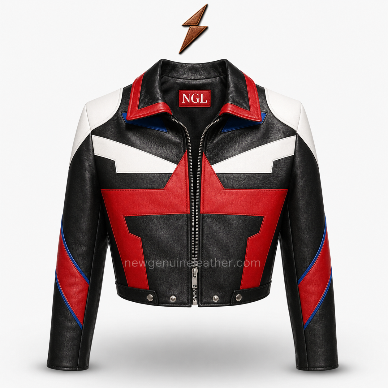 Cropped Leather Jackets Sleeve Details | newgenuineleather.com Cropped leather jackets with red and black sleeves, white-blue inserts, stitched seams, and zippered cuffs